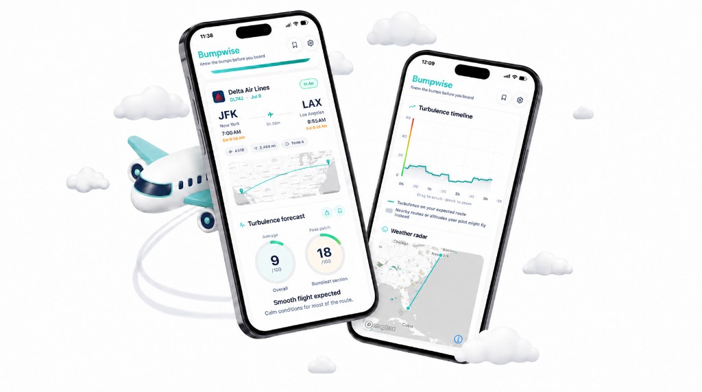 Bumpwise app preview on two phones with airplane illustration